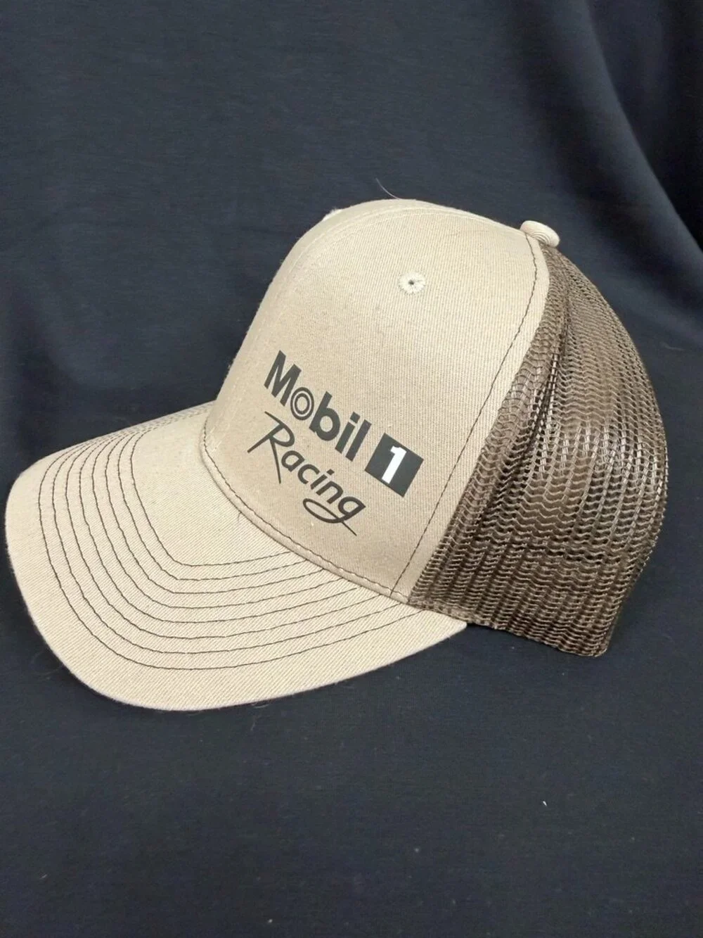 Mobil 1 Racing Khaki Tan Brown Mesh Trucker Hat Snapback